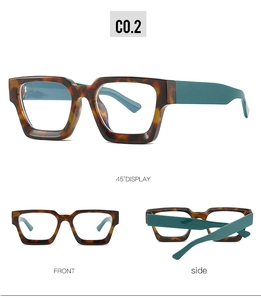Detailed view of tortoise shell square glasses frames with dark green temples from multiple angles