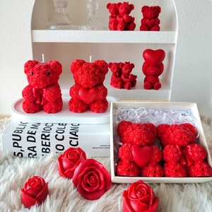 Red rose bear scented candle and rose shaped candle in an elegant gift box setup