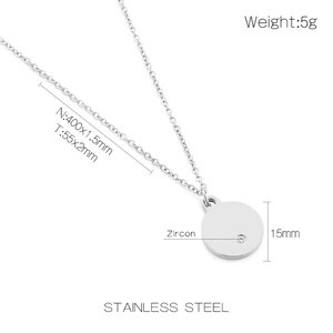 Polished stainless steel round pendant necklace with zircon stone and size annotations