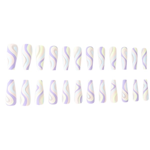 Colorful long coffin press-on nails with macaron wavy patterns on a white background