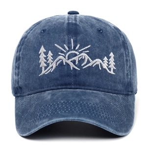 Vintage gewaschene dunkelblaue Baumwoll-Basecap mit weißer Berg-Wald-Stickerei