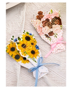 Detail of 3D bouquet greeting cards with rose and sunflower designs and gold foil lettering