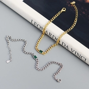 S925 sterling silver flat Cuban chain bracelet with emerald green zircon in gold and silver
