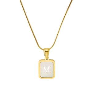 Gold plated stainless steel necklace with white shell pendant featuring a letter M
