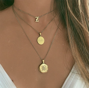 Three-layer gold stainless steel necklaces with 11:11 and initial letter pendants