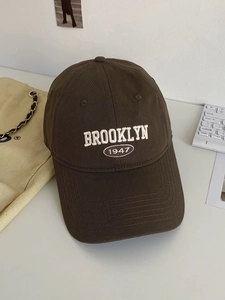 Detail of coffee cotton baseball cap with white 1947 Brooklyn 3D embroidery decoration