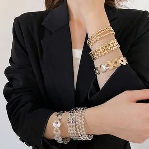 Fashion Metal Open Bangle Bracelet Hollow Heart Woven Mesh Layered Round Beads Adjustable Versatile Jewelry For Women