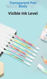 Detail view of transparent rainbow gel pens with visible multi-color ink in 6-pack box