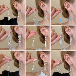 Alloy Rhinestone Dangle Earrings With Silver Earring Post Long Tassel Leaf Star Heart Jewelry For Women Elegant Fashion