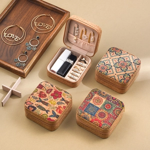Portable natural cork jewelry box with vintage floral and marine prints for travel storage