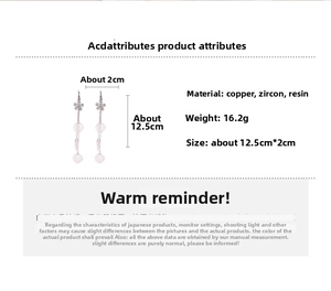 Detailed spec sheet showing resin petal tassel earrings with copper and zircon material