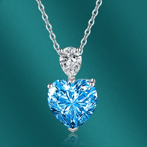 Détail macro du collier en argent avec pierre poire et grand pendentif en cœur bleu