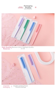 Colorful tail combs set for hairstyling in pastel purple, green, blue, and pink colors