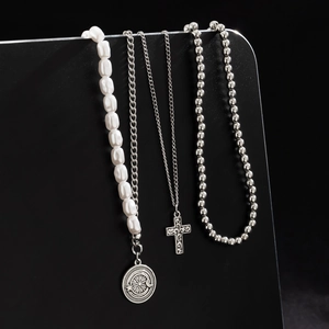 Men's layered necklace set with silver cross pendant and faux white pearl beads