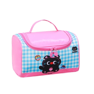 Cute cartoon cat makeup bag with pink and blue checkered patterns and sturdy handle