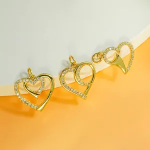 Three gold heart pendants with micro-pave zircons for DIY jewelry necklace making