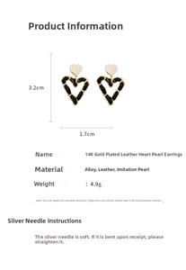 Detail showing dimensions of heart earrings with black leather and faux pearls