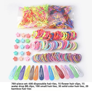Detailed set showing 780 pieces of assorted colorful hair clips and elastic bands