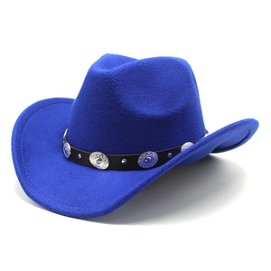 Royal blue wool western cowboy hat with bohemian style silver concho band on white background