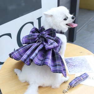 Detail of purple plaid pet harness dress with bow on white Pomeranian dog