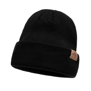 Classic black knitted beanie hat with vintage brown leather patch for winter warmth