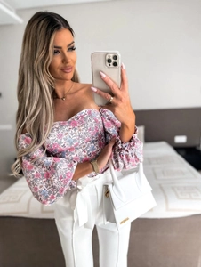 Floral off-shoulder puff sleeve top with waist bow and white high-waist tie trousers