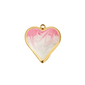 Pink and white marble enamel heart pendant with golden metal edge for jewelry making
