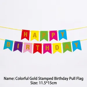 Colorful bronzing Happy Birthday banner with fishtail cards and gold foil lettering