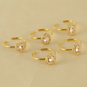 5Pcs set of 18k gold plated adjustable rings with pink zircon in heart and pear shapes