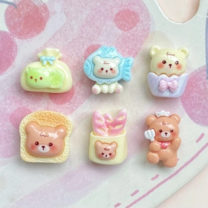 Set of 6 colorful pastel resin bear and bread charms for DIY crafts and accessories