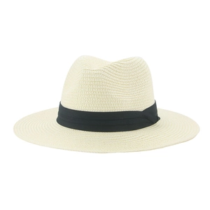 Classic cream wide brim Panama straw fedora hat with elegant black ribbon band for women