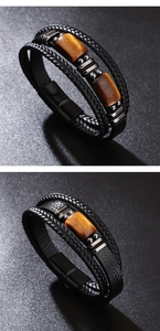 Macro detail of men's multilayer leather bracelet with tiger eye stones and magnetic clasp