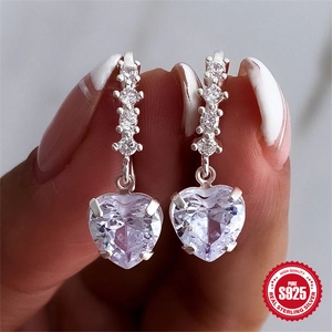 Sparkling S925 sterling silver heart earrings with large cubic zirconia for women