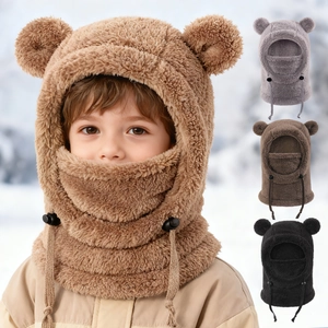 Bonnet à oreilles d'ours en peluche pour enfants avec cache-cou intégré et cordon serrage
