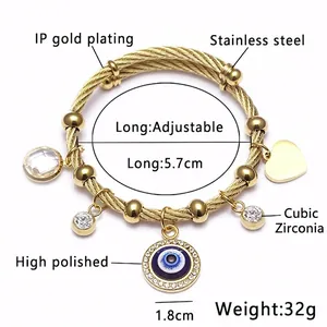 Bracelet en acier doré avec pendentif œil maléfique et cristaux de zircone