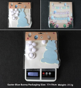 Easter blue rabbit bunting banner set with packaging size details and weight measurement