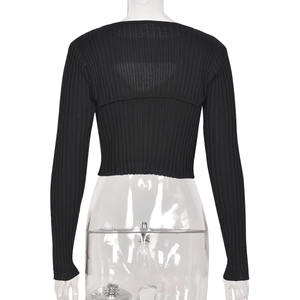 Back view of black long sleeve knitted crop top with classic ribbed texture details