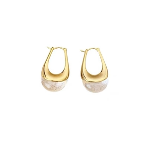 Detail of gold U-shaped hoop earrings with clear textured spherical glass pendants