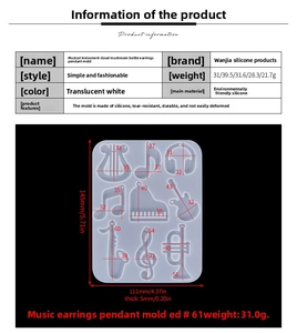 Size chart for silicone musical instrument earring molds with precise dimensions