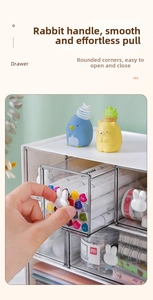 Detail of white desk organizer showing a transparent drawer with a cute 3D bunny handle