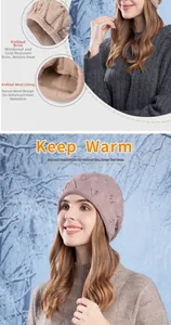Detailed view of pink knitted beanie with warm fleece lining and cable knit texture