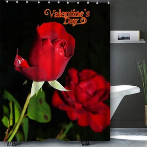 Detail of waterproof black shower curtain with red roses and Valentine's Day text