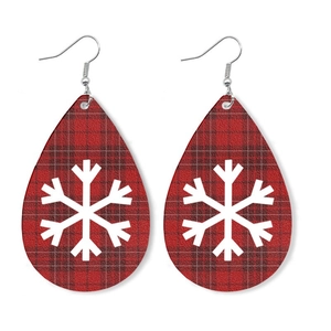 Christmas teardrop earrings with red and black buffalo plaid pattern and white snowflakes