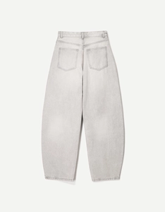 Rear view of high-waisted wide-leg denim jeans in light grey with vintage washed finish