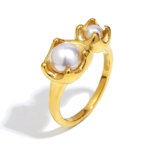 Anello in acciaio inossidabile placcato oro 18K con doppie perle e design a bocciolo