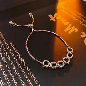 Adjustable Bracelet Copper Emerald Green Square Zircon Inlaid Geometric Slider Clasp Vintage Light Luxury Jewelry Women