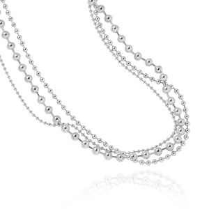 Three-layer silver beaded necklace in stainless steel featuring polished metal spheres
