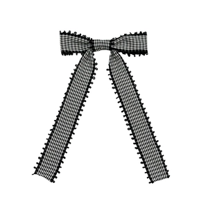 Nœud à cheveux à carreaux noir et blanc avec longs rubans et bordure en dentelle