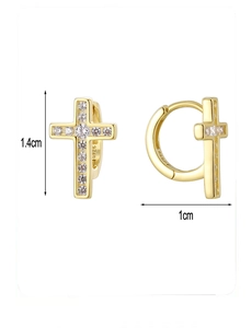 Detail showing 14K gold plated S925 silver cross earrings with dimensions of 1.4cm by 1cm