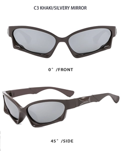 Front and side view of khaki Y2K sunglasses with silver mirror lenses in futuristic style